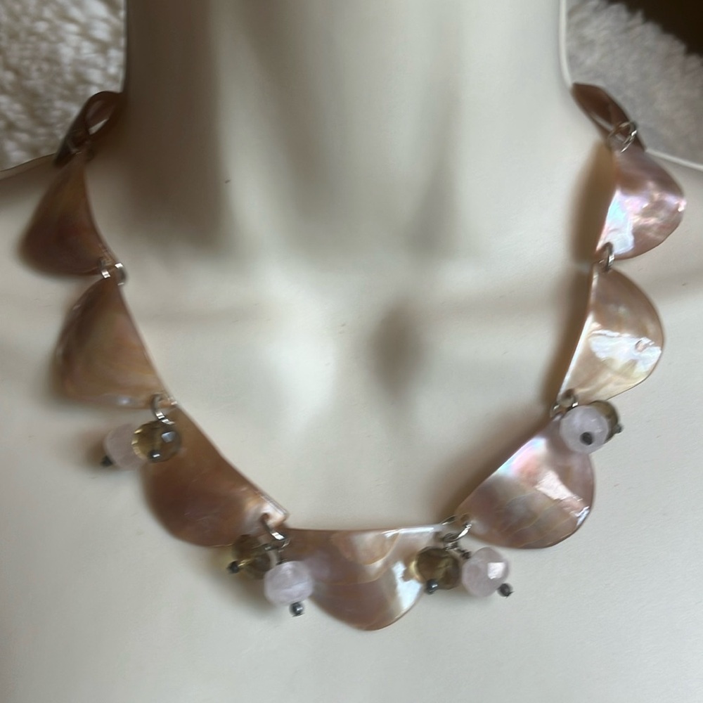Iridescent Mother of Pearl Necklace with Crystal Accents.